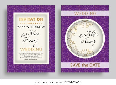 Wedding invitation  purple template. Set elegant background with golden ornaments greeting card. Vector illustration.