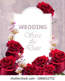 Wedding Invitation with realistic roses Vector. Vintage floral decor red colors