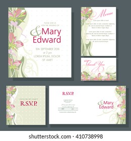 Wedding invitation with red canvas. Design of the RSVP, Menu