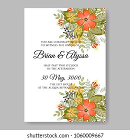 Wedding invitation red orange bouquet floral background