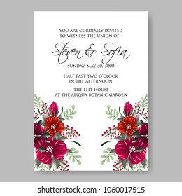 Wedding invitation red peony rustic floral vector background template