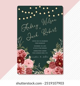 wedding invitation with red pink green romantic floral watercolor frame