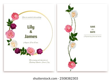 Wedding invitation. Red and pink roses. Beautiful floral pattern on a white background. Card. Bouquet. Border. Golden round frame decorated with flowers.