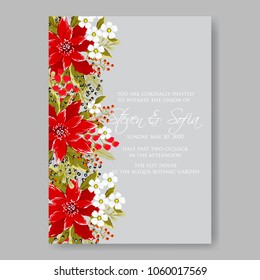Wedding invitation red poinsettia white daisy floral vector background template