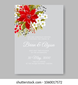 Wedding invitation red poinsettia white daisy floral vector background template