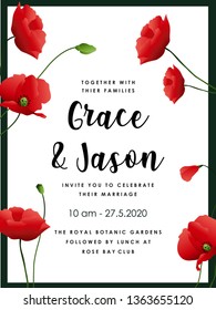 Wedding Invitation with red poppy flower in bottom