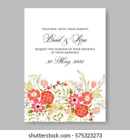 Wedding invitation with red wild roses and laurels. Bridal Shower Invitation floral template vector card