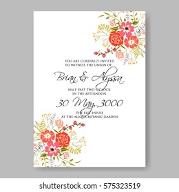 Wedding invitation with red wild roses and laurels. Bridal Shower Invitation floral template vector card