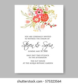 Wedding invitation with red wild roses and laurels. Bridal Shower Invitation floral template vector card