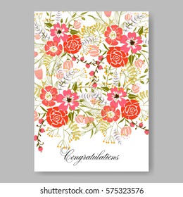 Wedding invitation with red wild roses and laurels. Bridal Shower Invitation floral template vector card