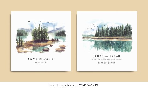 Wedding invitation with reflection of beautiful pine trees in lake watercolor