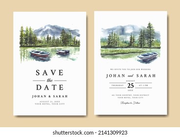 Wedding invitation with reflection of pine forest and boat in lake watercolor