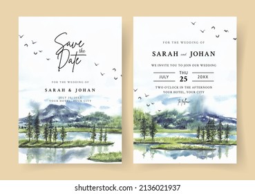 Wedding invitation with reflection of pine trees and mountain in lake watercolor