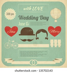 Wedding Invitation in Retro Infographics Style. Vintage Design, Square Format. Vector Illustration.