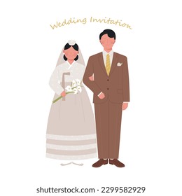 wedding invitation. Retro style groom and bride characters wearing hanbok.