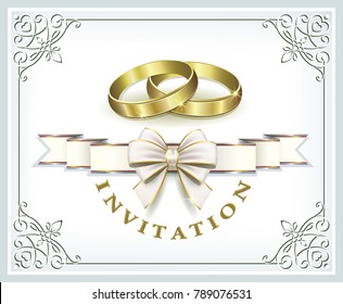 Wedding invitation with rings and a decorative bow. Vector illustration