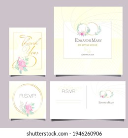 wedding invitation with wedding rings, flowers, pastel colors, rsvp, thank you card, geometric background