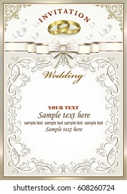 Wedding invitation with rings in a frame with an ornament. Vector illustration