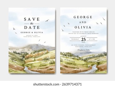 Wedding invitation of road and hill watercolor