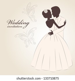 Wedding invitation . Romantic bride and groom dancing.