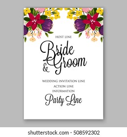 Wedding invitation with romantic floral wreath or bridal bouquet of poinsettia peony and daisy