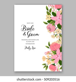 Wedding invitation with romantic floral wreath or bridal bouquet of peony and daisy