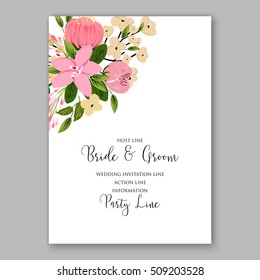 Wedding invitation with romantic floral wreath or bridal bouquet of peony and daisy