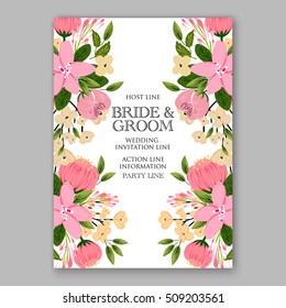 Wedding invitation with romantic floral wreath or bridal bouquet of peony and daisy