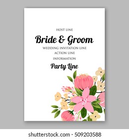 Wedding invitation with romantic floral wreath or bridal bouquet of peony and daisy