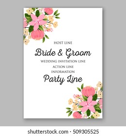 Wedding invitation with romantic floral wreath or bridal bouquet of peony and daisy