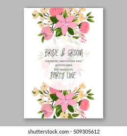 Wedding invitation with romantic floral wreath or bridal bouquet of peony and daisy