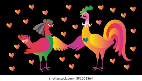 Wedding invitation. Rooster and hen - greeting card with chinese symbol of 2017 year.  Year of the rooster. Vector illustration.