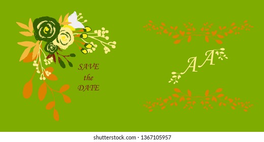 Wedding invitation with rose flowers and leaves , watercolor, isolated on white. Vector Watercolour.