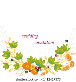 Wedding invitation with rose flowers and leaves , watercolor, isolated on white. Vector Watercolour.