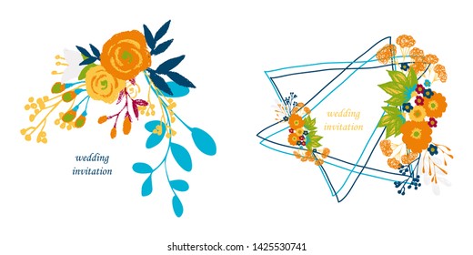 Wedding invitation with rose flowers and leaves , watercolor, isolated on white. Vector Watercolour.
