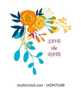 Wedding invitation with rose flowers and leaves , watercolor, isolated on white. Vector Watercolour.