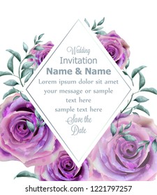 Wedding Invitation rose flowers watercolor frame Vector. Beautiful vintage violet colors floral decors