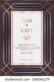 	
Wedding invitation with rose gold texture in art deco style. Vector illustration. EPS 10