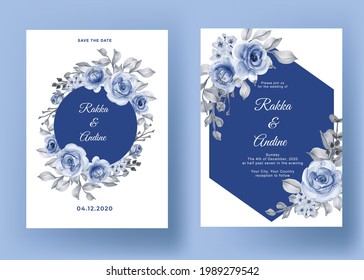 wedding invitation with rose and leaf navy blue
