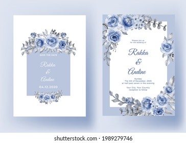 wedding invitation with rose leaf navy blue grey romantic