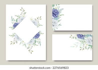 wedding invitation with rose and leaf navy blue 
