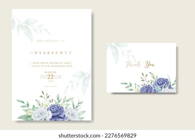 wedding invitation with rose and leaf navy blue 