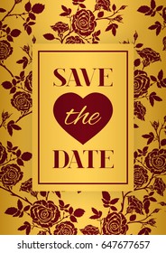Wedding invitation with rose ornament in gold. Template for A4