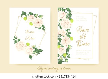 Wedding Invitation with Roses Bouquet, Cards Templates for Marriage. Vintage Flower Composition, Greeting Invite. Floral Set for Wedding Design. Pastel or Watercolor Style. Summer Romantic Wedding.