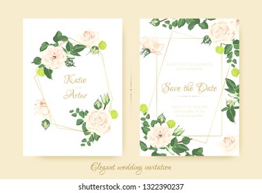 Wedding Invitation with Roses Bouquet, Cards Templates for Marriage. Vintage Flower Composition, Greeting Invite. Floral Set for Wedding Design. Pastel or Watercolor Style. Summer Romantic Wedding.