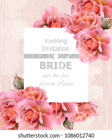 Wedding Invitation roses card Vector. Floral frame delicate decors