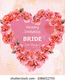 Wedding Invitation roses card Vector. Heart Floral frame delicate decors