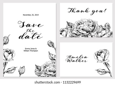 Wedding invitation with roses painted by hand with ink and a pen. Name card, save the date, thank you. Wedding set. Vector image.