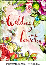 Wedding invitation with roses, peony flowers with leaves nightingale and waxwing around. This template can be used in other different ways.. Vector - stock.