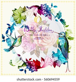 Wedding invitation with roses and peony, golden rings and two hummingbirds around. This template can be used as other type of invitations and holidays. Vector - stock.